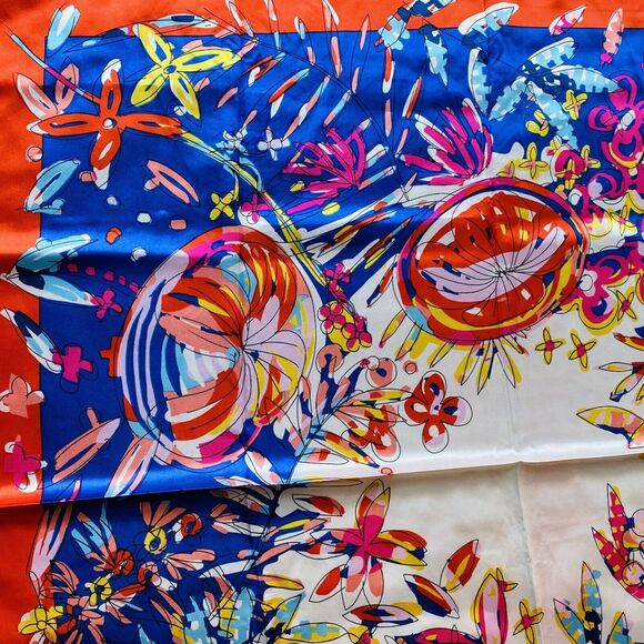 Blue & Red Silky Feel Satin Scarf Colorful Bandana Modern Art Floral 36” Square - Picture 4 of 8